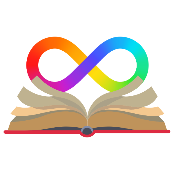 A book with a rainbow infinity symbol above the pages. 