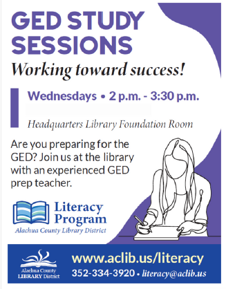 White & purple image of a person studying. Text reads: GED Study Sessions, Working toward success! Wednesdays, 2 - 3:30 p.m., Headquarters Library Foundation Room. Are you preparing for the GED? Join us at the library with an experienced GED prep teacher.