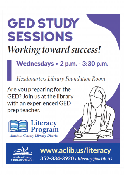 Image of student working in notebook. Literacy Program logo of open book with blue and green stripes on the pages. ACLD logo of open book with pages flying. Text reads GED Study Sessions. Working toward success! Wednesdays, 2 p.m. - 3:30 p.m., Headquarter