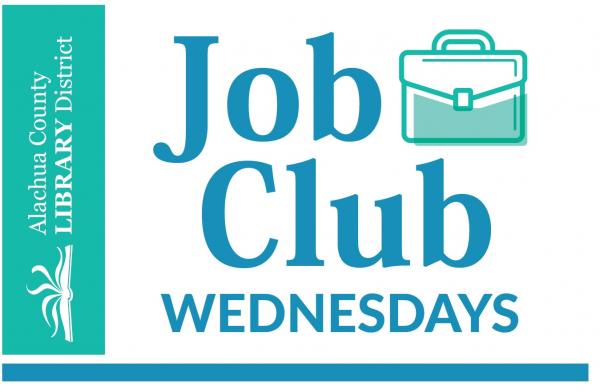 Alachua County Library District with open book logo. Job Club Wednesdays with briefcase clip art.