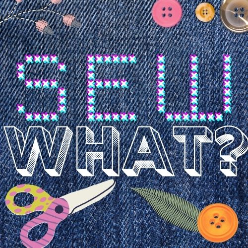 Sew What icon with scissors, stitching, buttons on a denim background