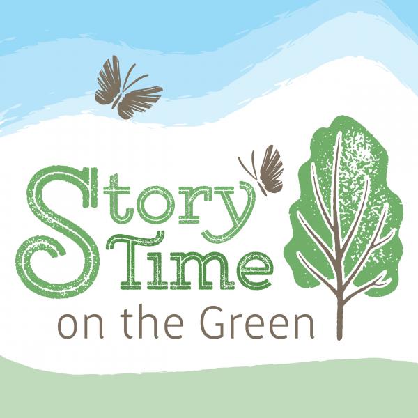 Story Time on the Green graphic of a tree and two butterflies in flight.
