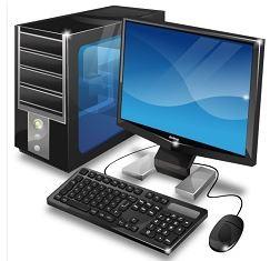 Desktop computer, monitor, and keyboard