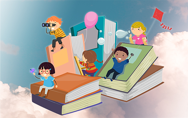 clip art with children and giant books in clouds