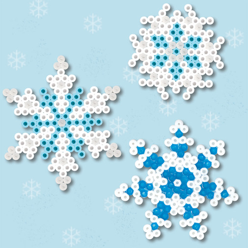 Blue and white snowflakes created with plastic fusible beads