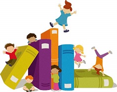 Story time graphic with multiple cartoon children climbing and dancing on books